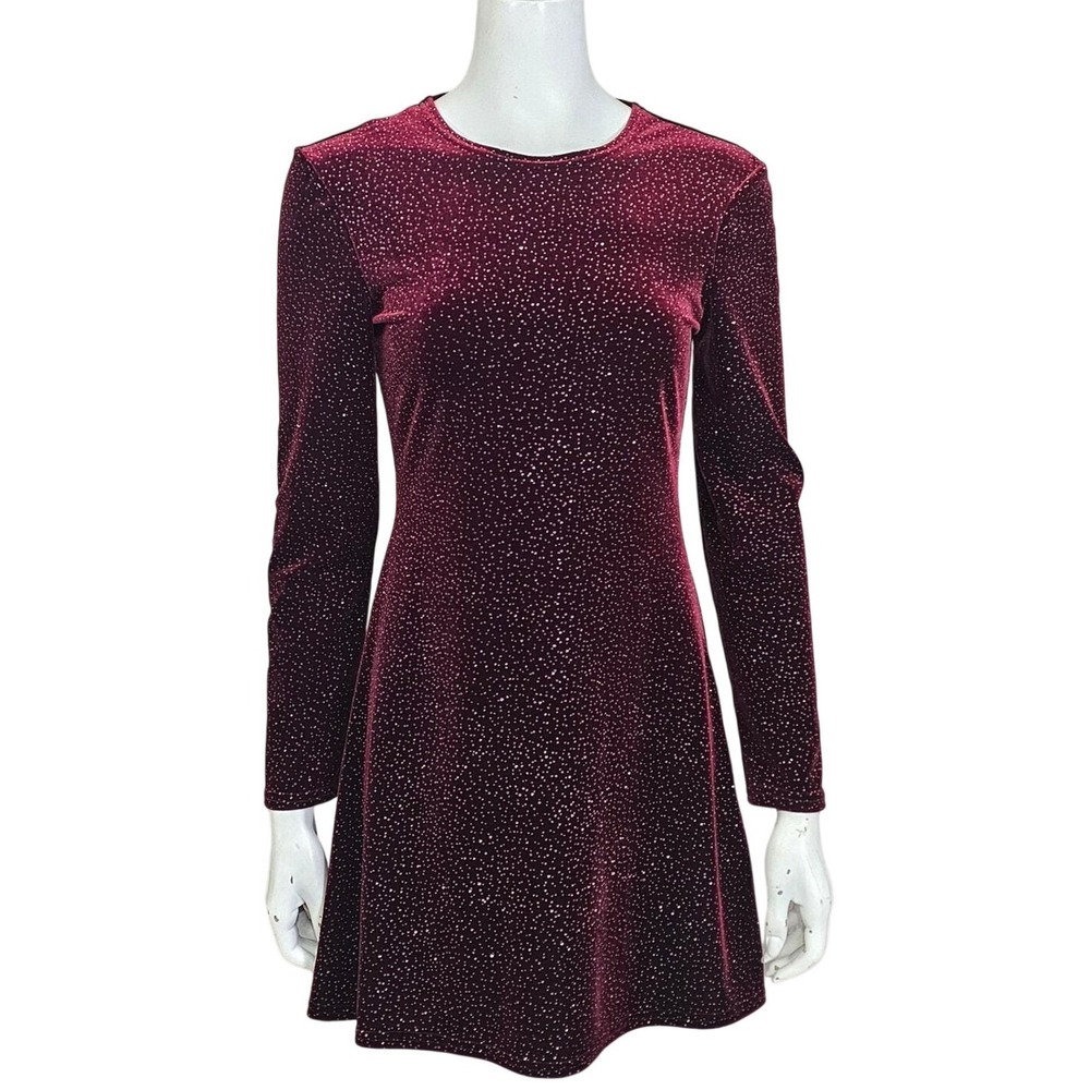 Y2K Jump Apparel Burgundy Velvet Glitter Mini Dress Long Sleeve Party M USA